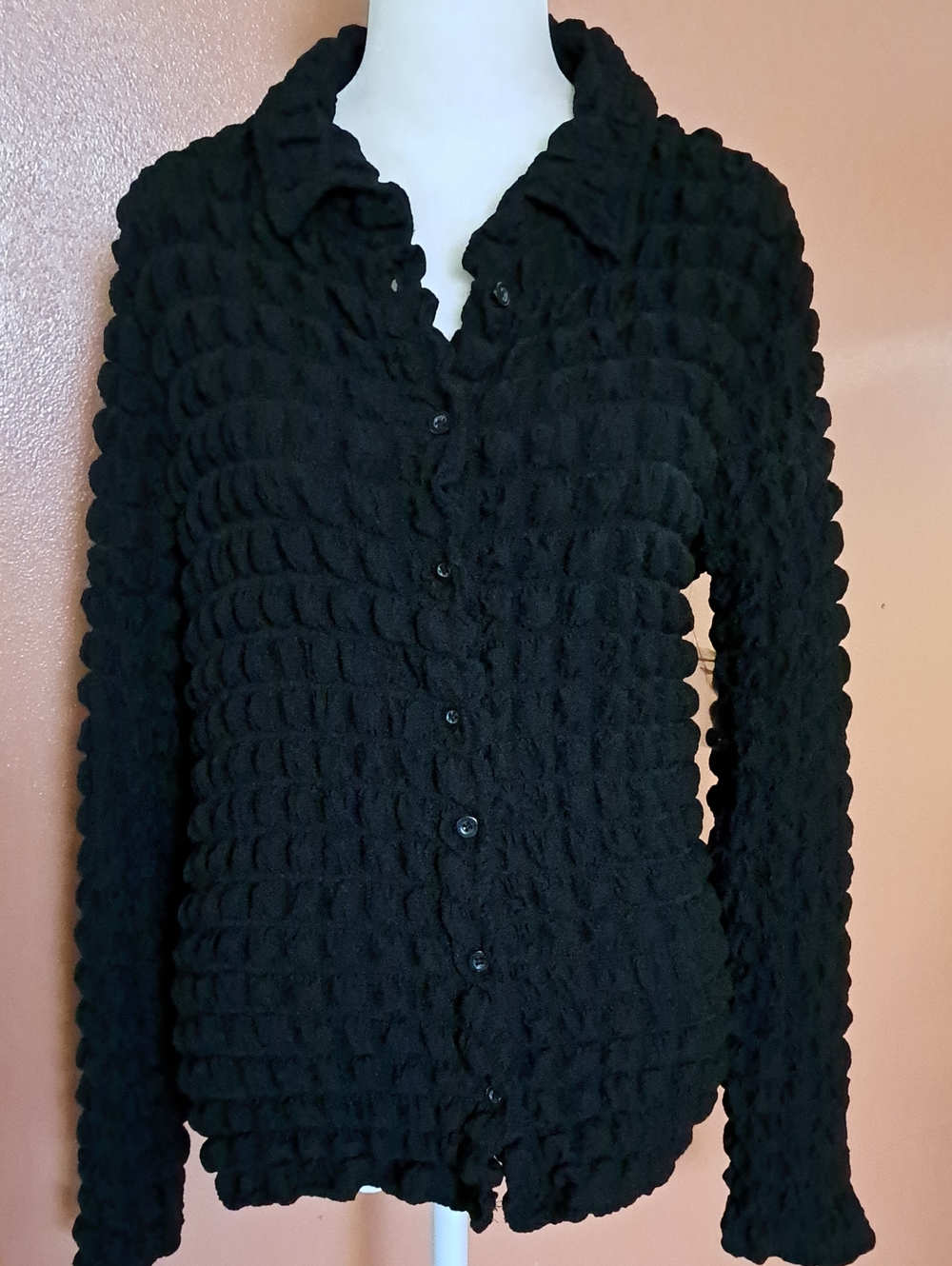 Black Textured Button-Front Women's Blouse